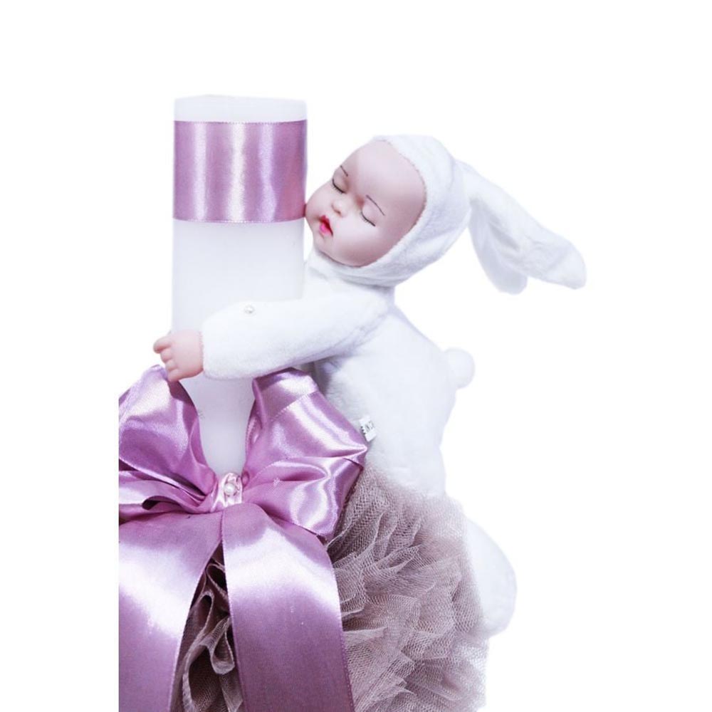 LB83-02 Lumanare botez cu tulle roz pudrat si funda - Iepuras alb - 30x5 cm - imagine 1