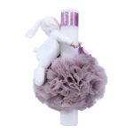 Lumanare botez cu tulle roz pudrat si funda - Iepuras alb - 30x5 cm - imagine 2