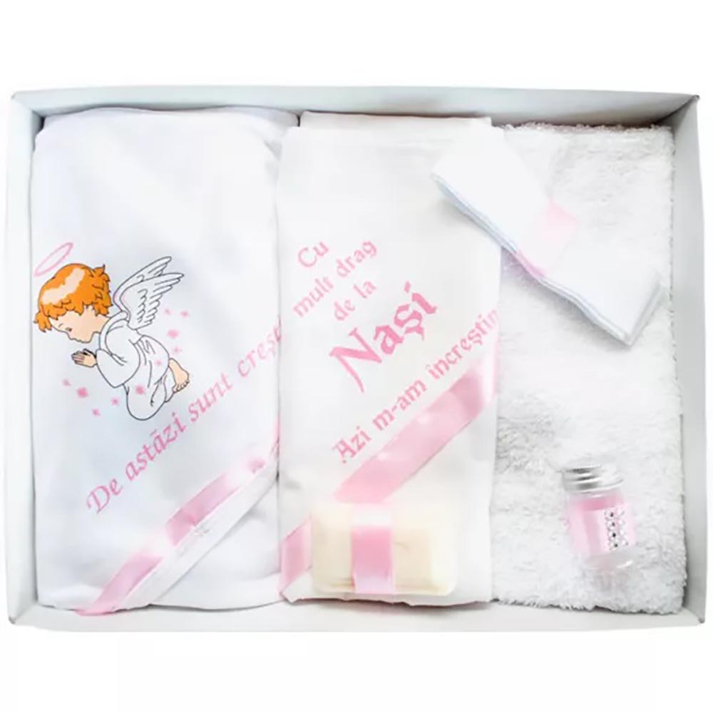 TBF6012 Trusou Botez 6 piese ,cu Text Imprimat, Ingeras, ROZ - imagine 1