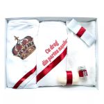 Trusou Botez 6 piese cu Text Imprimat, Coroana, Rosu