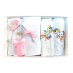Trusou Botez 7 Piese cu Text Imprimat, Alb-Roz, Inorog