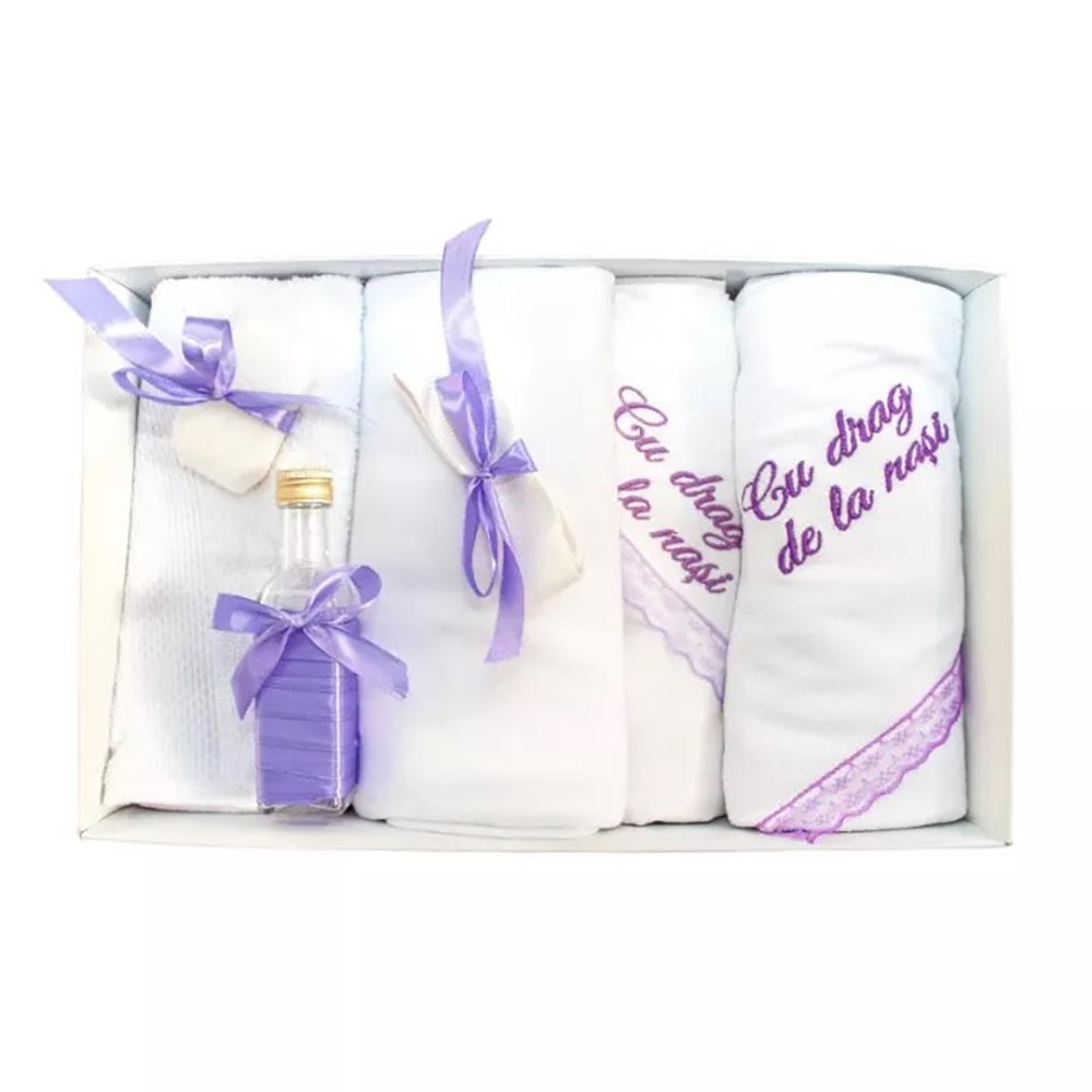 TBF7016 Trusou Botez 7 Piese Personalizat cu Broderie, Cu drag de la nasi, ALB-MOV - imagine 1