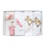 Trusou Botez 7 Piese Personalizat cu Broderie, Roz Pudra, Ursuleti