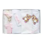 Trusou Botez 7 Piese Personalizat cu Broderie, Roz, Ursuleti