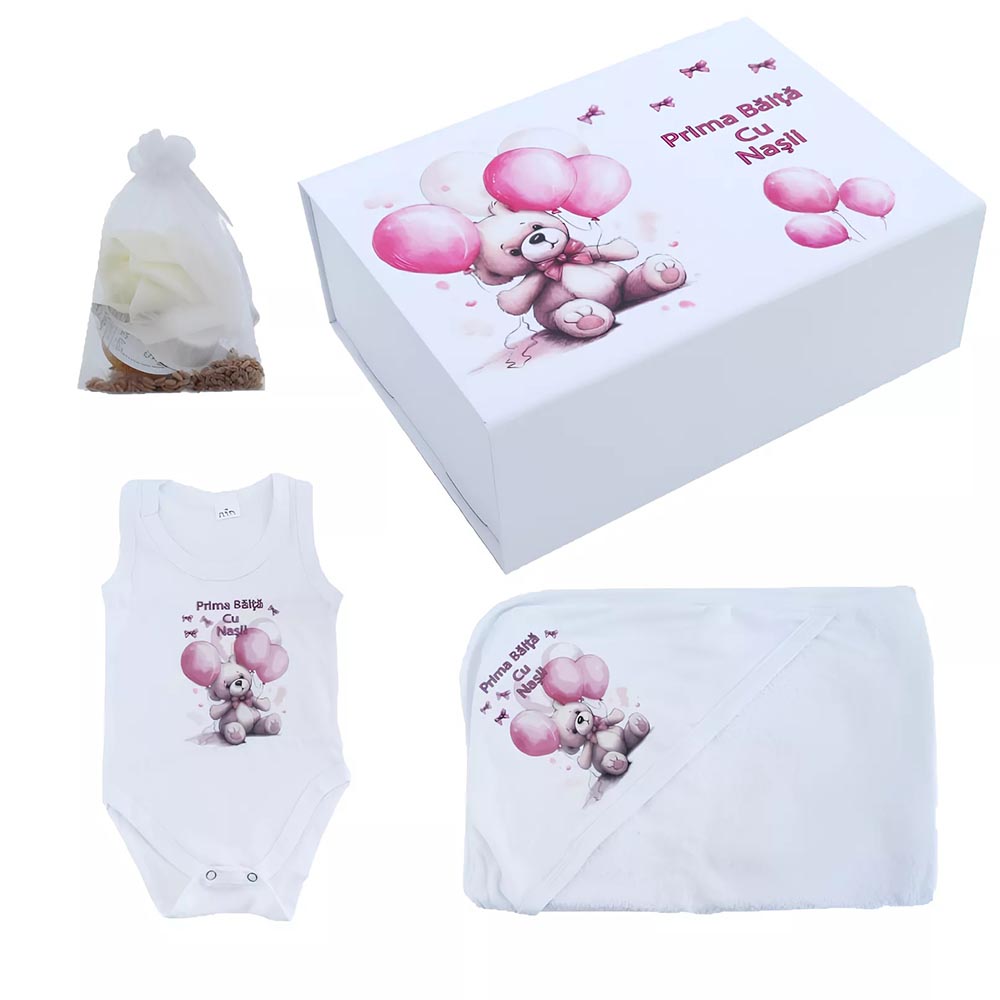 TPB24 Trusou Prima Baita, Personalizat cu Mesaj - Prima Baita cu Nasii Ursulet Roz cu Baloane TPB24 - imagine 1
