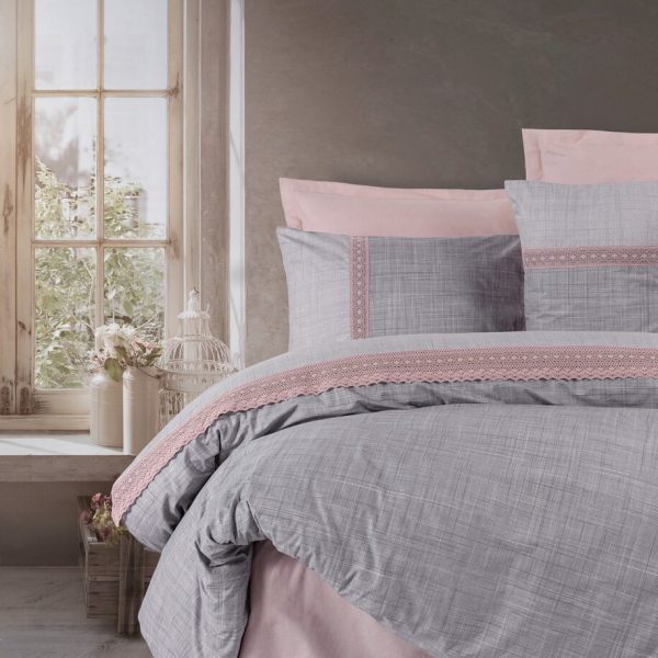 Lenjerie de pat pentru doua persoane, Hazel, 6 piese, 200x220 cm, 100% bumbac ranforce, cu detalii brodate, roz pudra