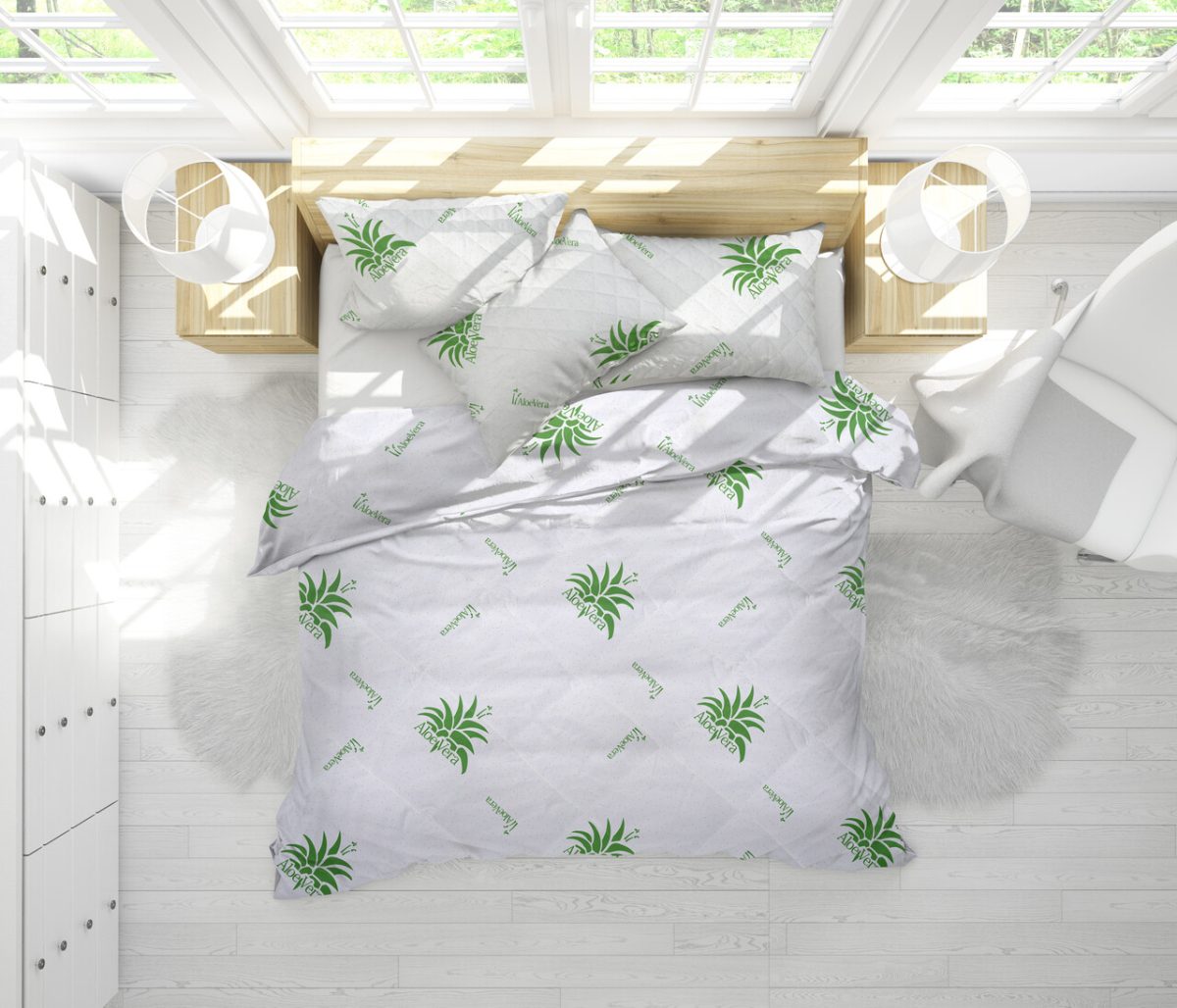 Set Aloe Vera Essence, 2 perne microfibra 50x70 cm si pilota matlasata 350g/mp, 200x220 cm - imagine 1